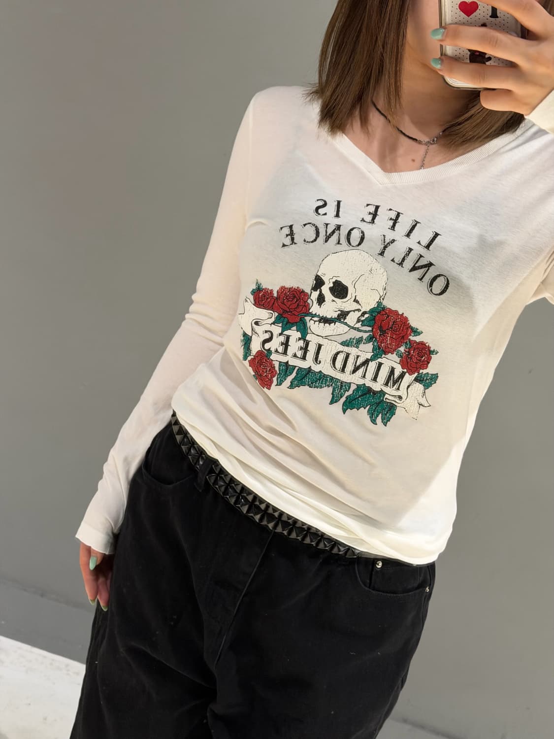 skull printing v-neck long sleeve 상품이미지3
