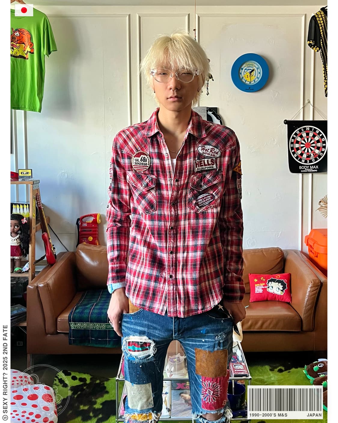 90-00s M&S Japan Punk Patch Check Shirt 상품이미지1