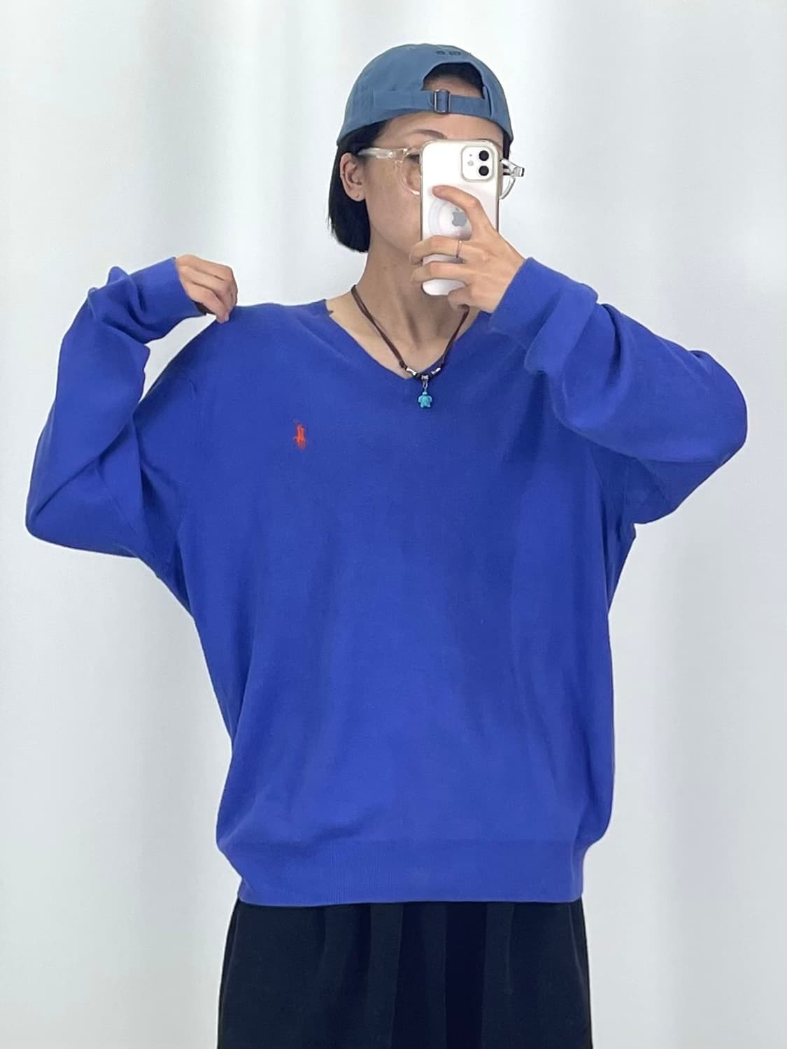 [XL]폴로 브이넥 블루 니트 상품이미지2
