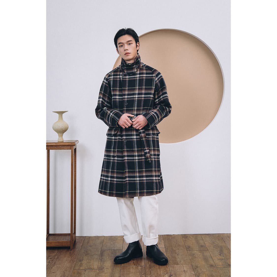shirter 셔터 벨티드 울 체크 코트 네이비 상품이미지5