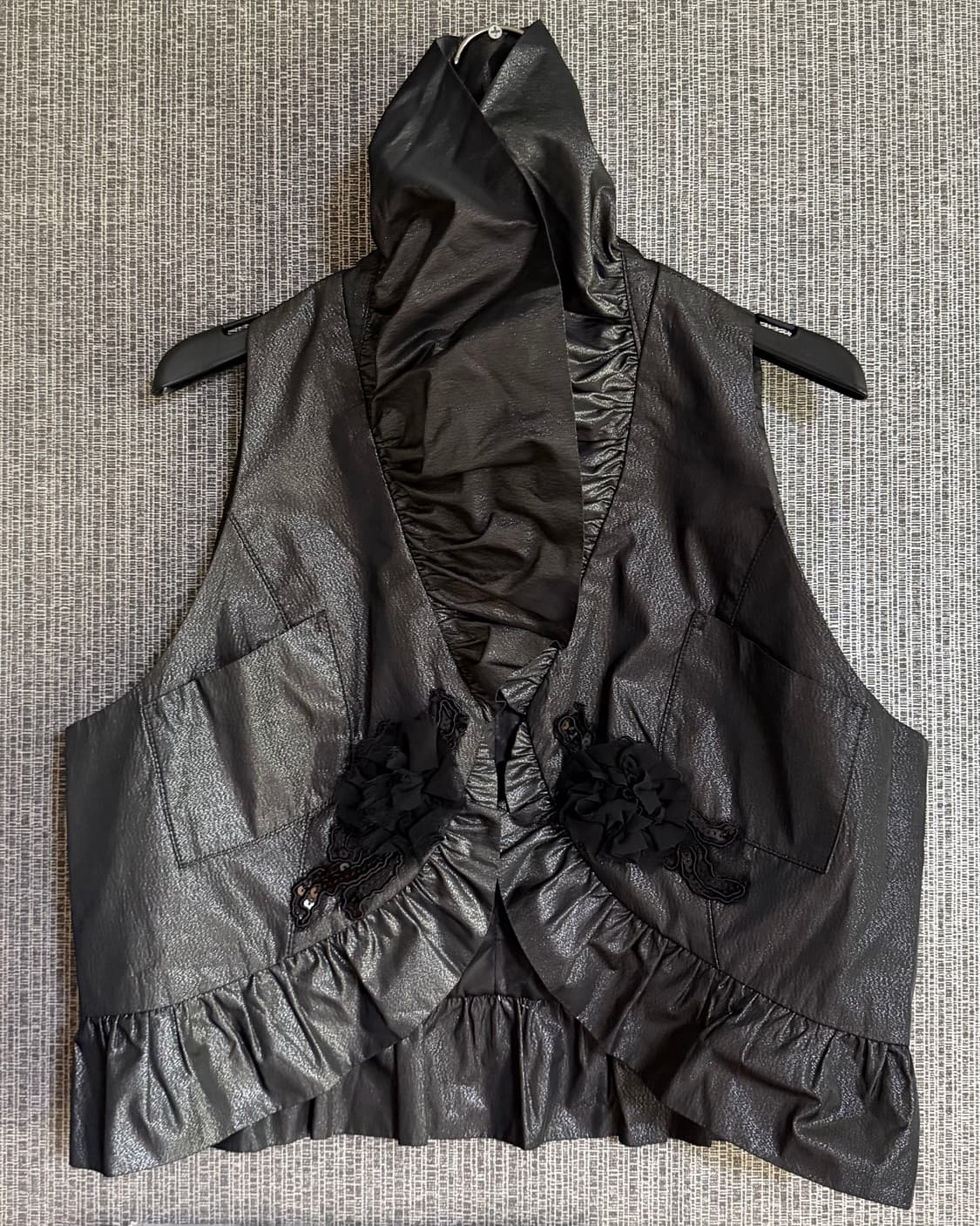 지주 ZIZOU 다크 그레이 메탈릭 프릴 셔링 베스트 조끼 77사이즈 상품이미지2