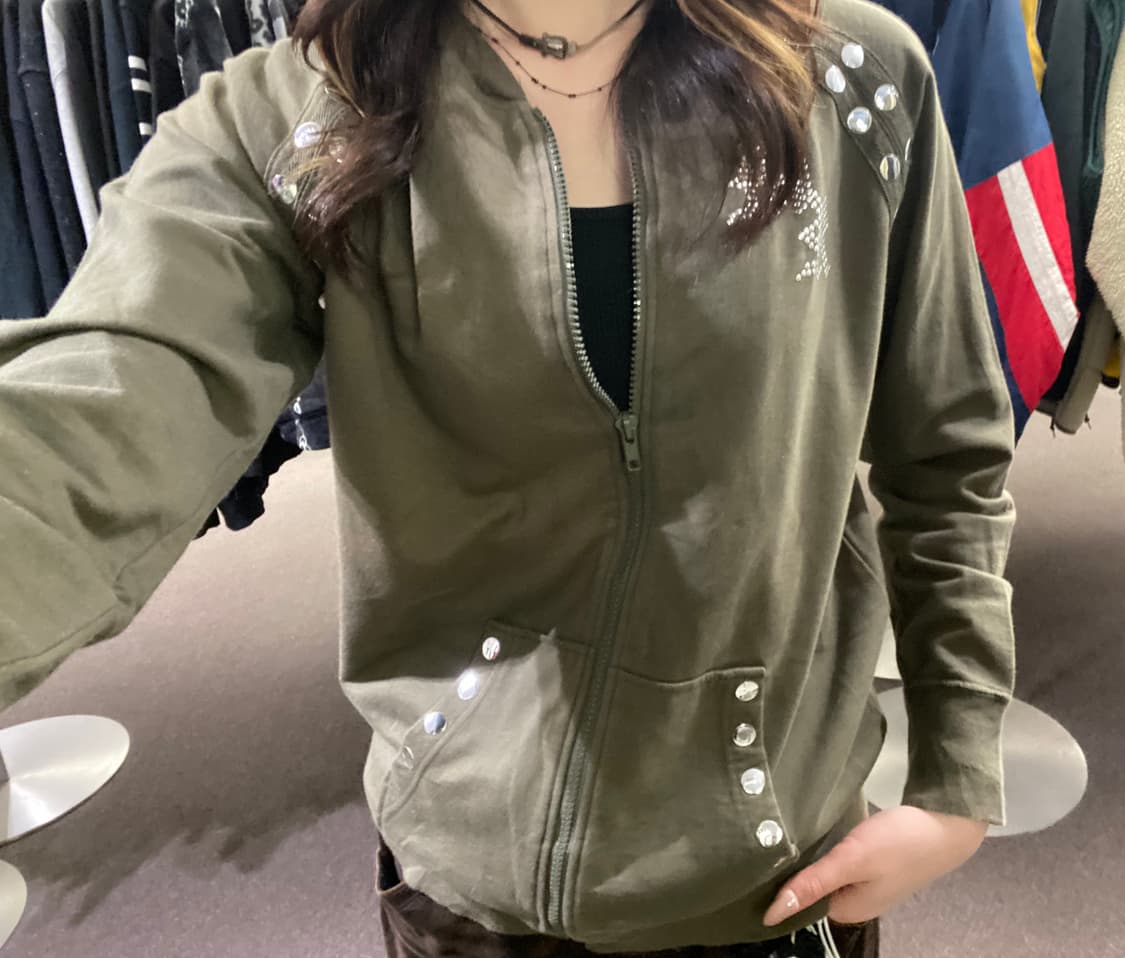 M)Japanese vintage 여성 스터드 카키 후디 상품이미지5