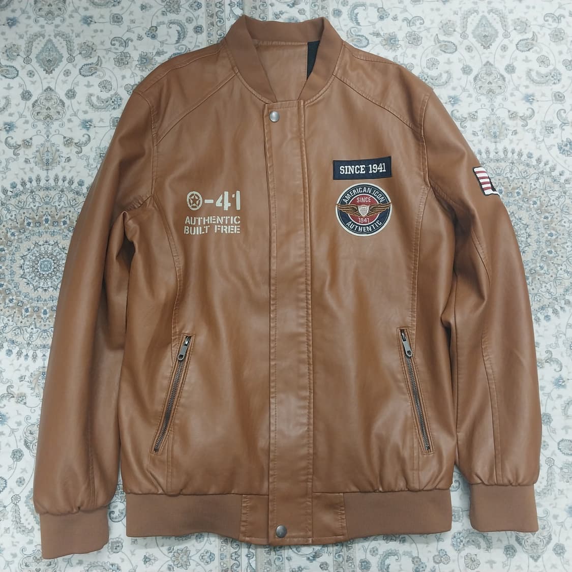 브라운 페이크 레더 봄버 자켓 패치 자켓 3XL 상품이미지1
