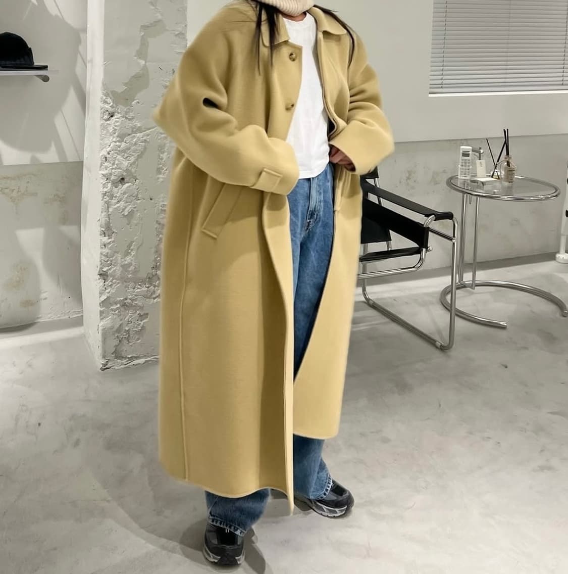 오버핏베이지롱코트 남녀공용 상품이미지1