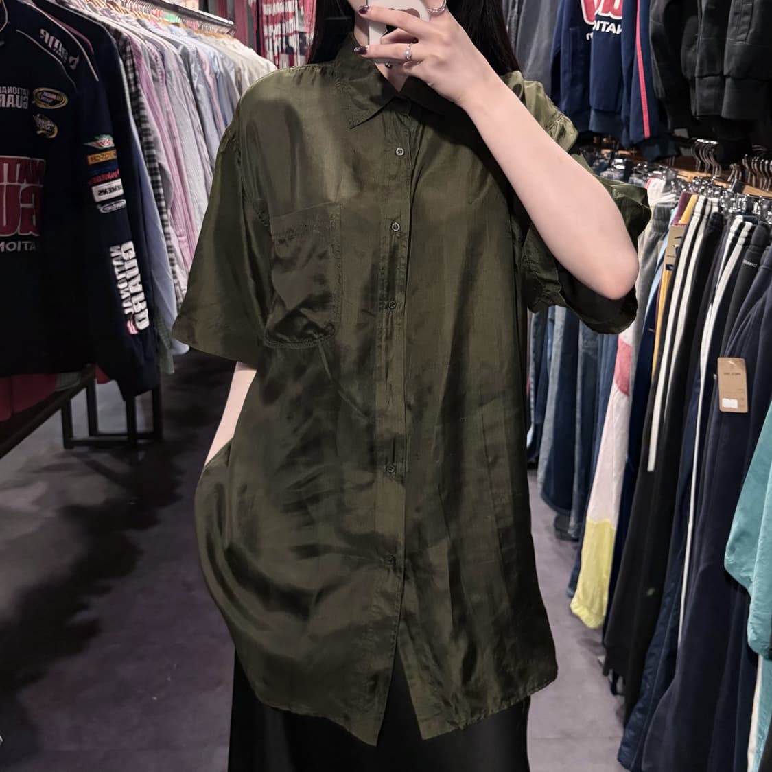 [IM] 실크 반팔셔츠 카키 상품이미지1