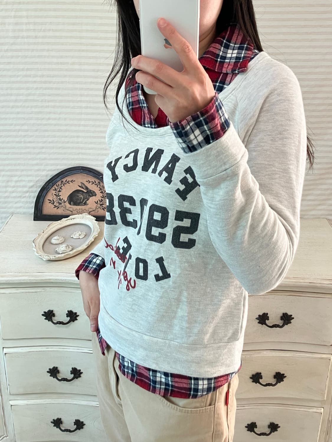 jpn vintage 레드와인 네이비 체크셔츠 멜란지 레이어드 맨투맨 y 상품이미지2