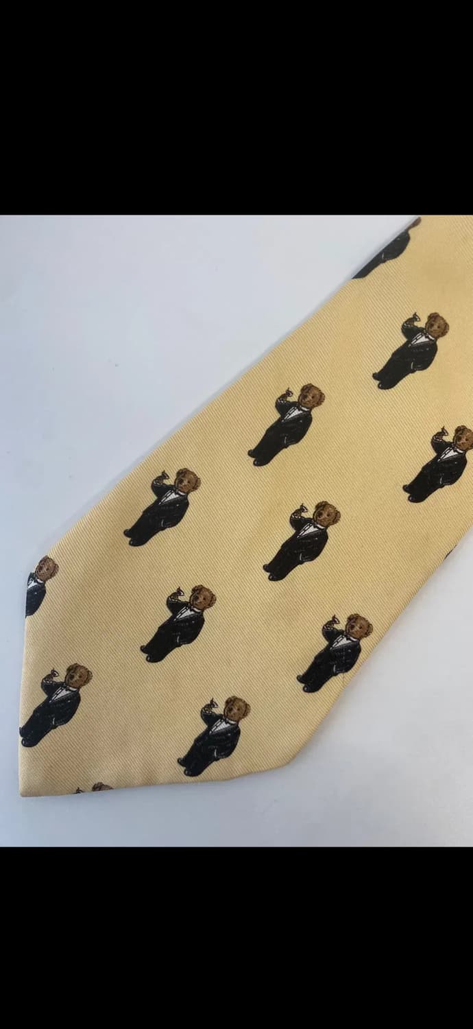 올드 폴로 POLO 와인잔 곰돌이 패턴 USA 메이드 실크 넥타이 상품이미지3