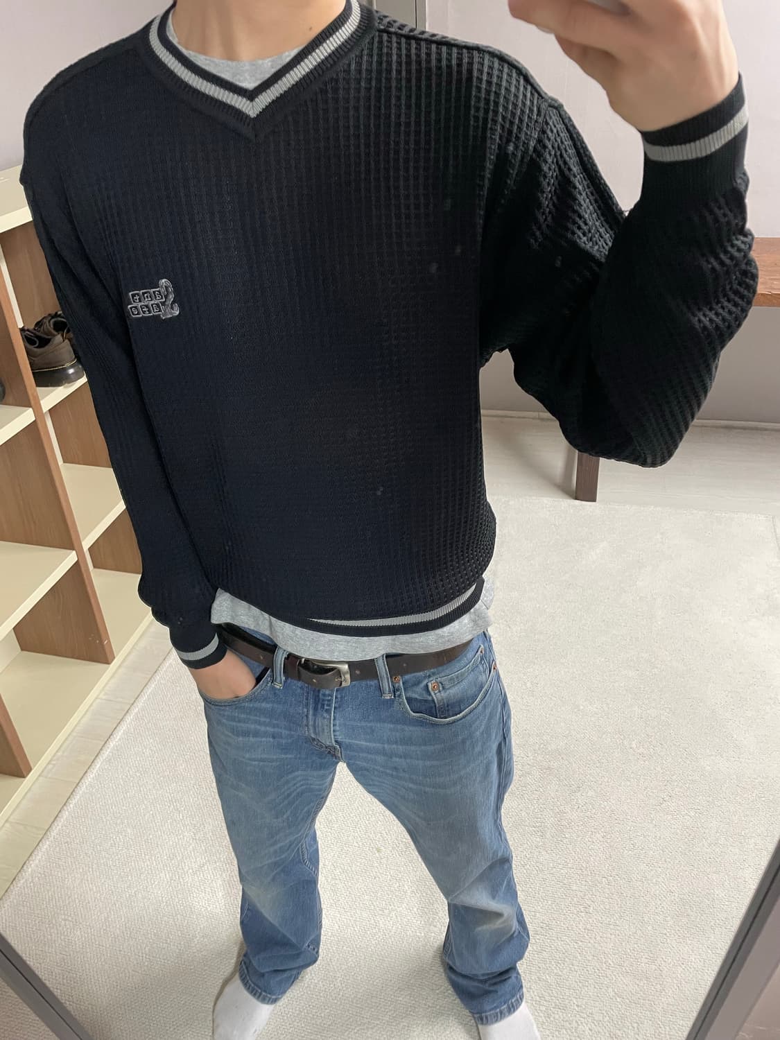 M) santafe 크롭 와플 니트 상품이미지1