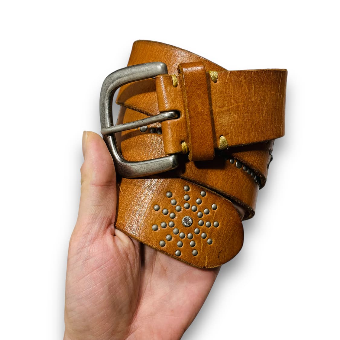 웨스턴 다중 스터드 쥬얼리 브라운 레더 벨트 상품이미지2