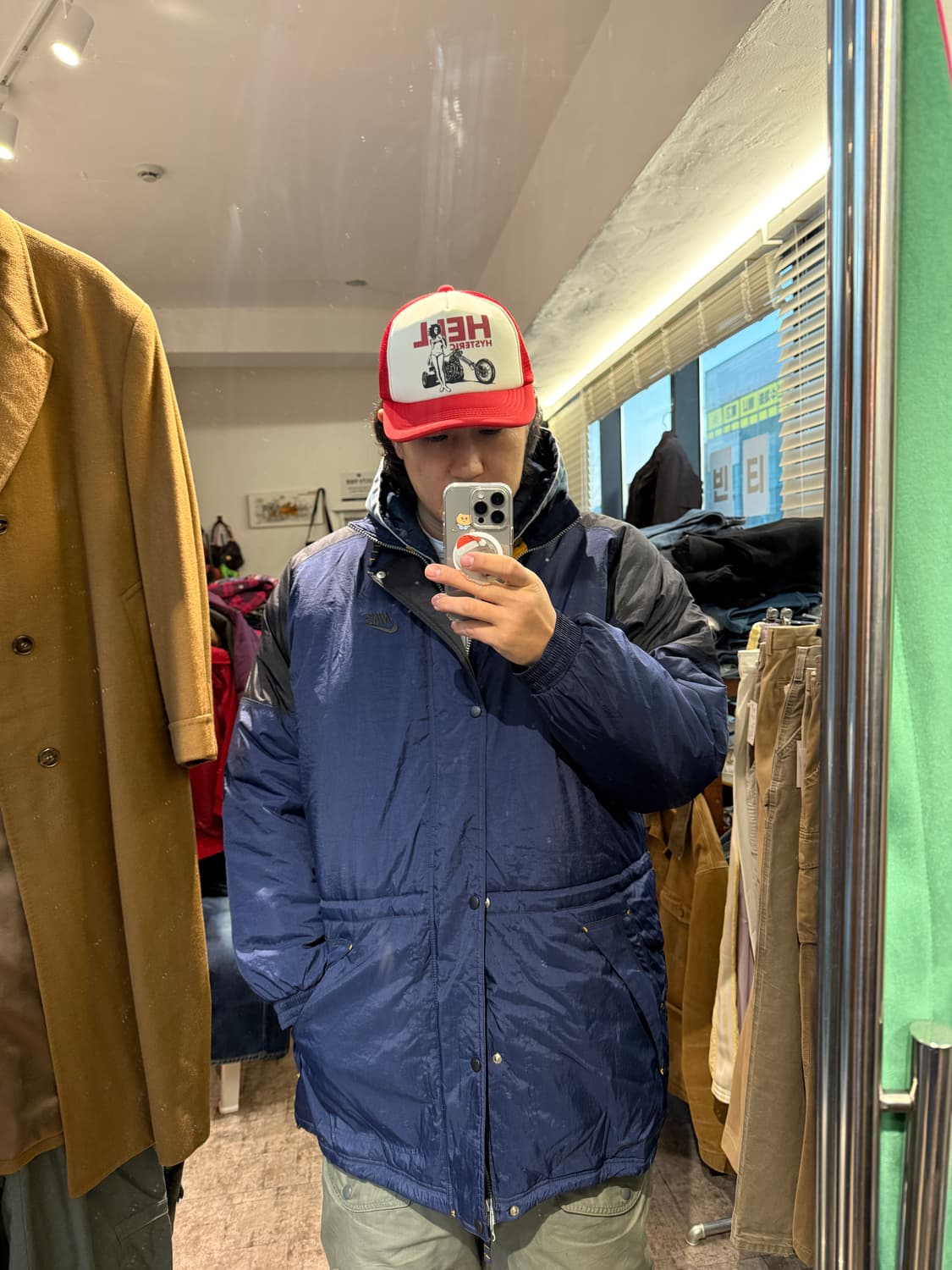 90s NIKE 나일론 퀼팅 파카 네이비/옐로우 L 상품이미지9