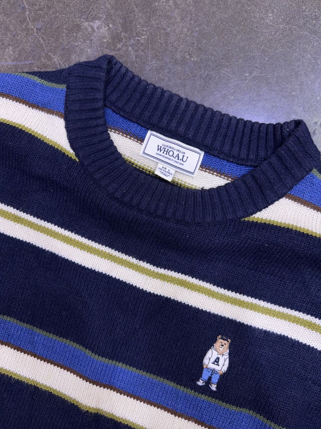 후아유 스티브 곰돌이 스트라이프 니트 스웨터 네이비 L 상품이미지3