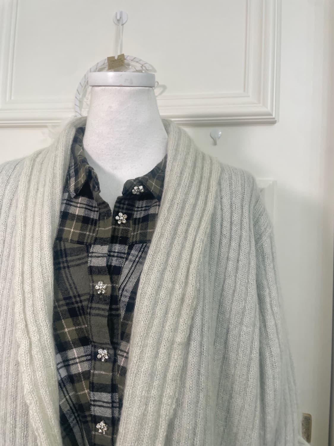 sheer green open rib cardigan&khaki chec 상품이미지7