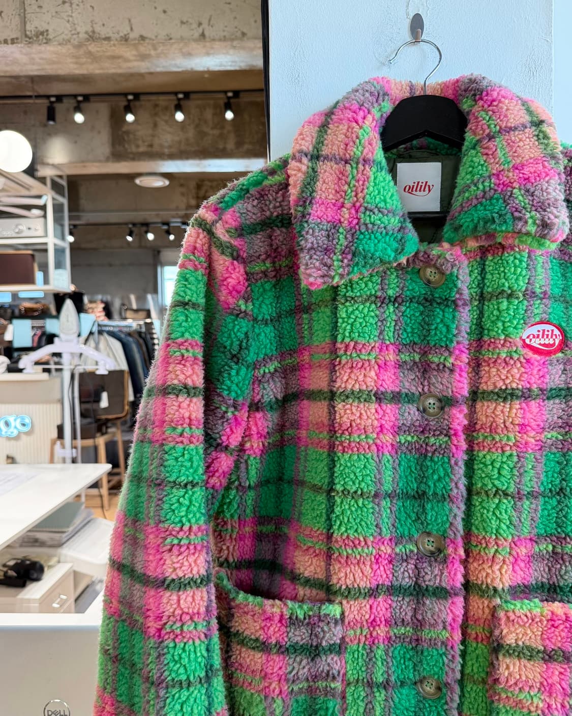 오일릴리 핑크 그린 체크 아크릴 플리스 자켓  상품이미지4