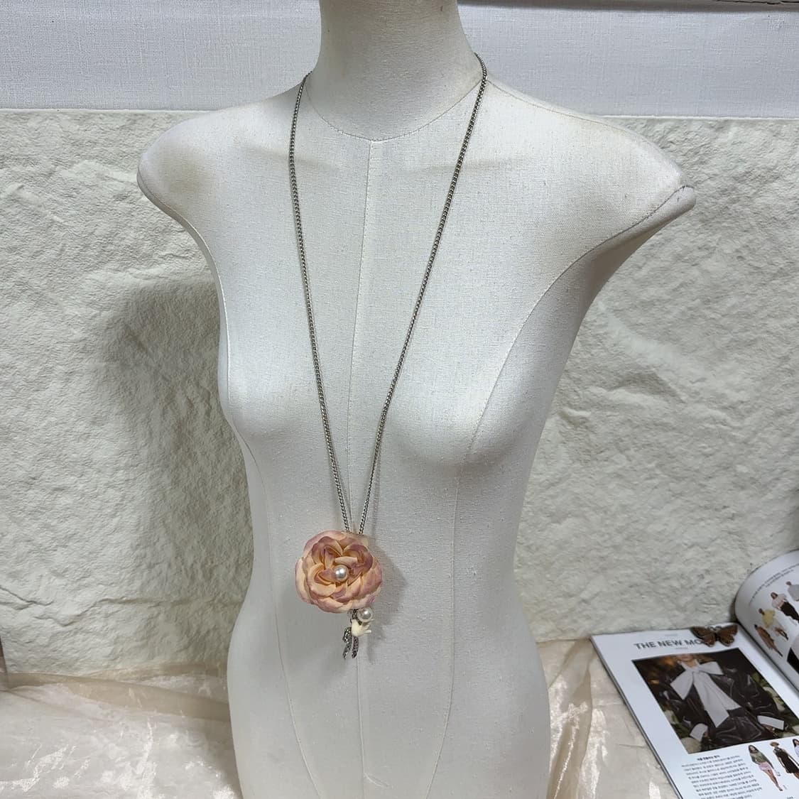빈티지 망사 플라워 진주 리본 새 쿠바체인 목걸이 상품이미지1