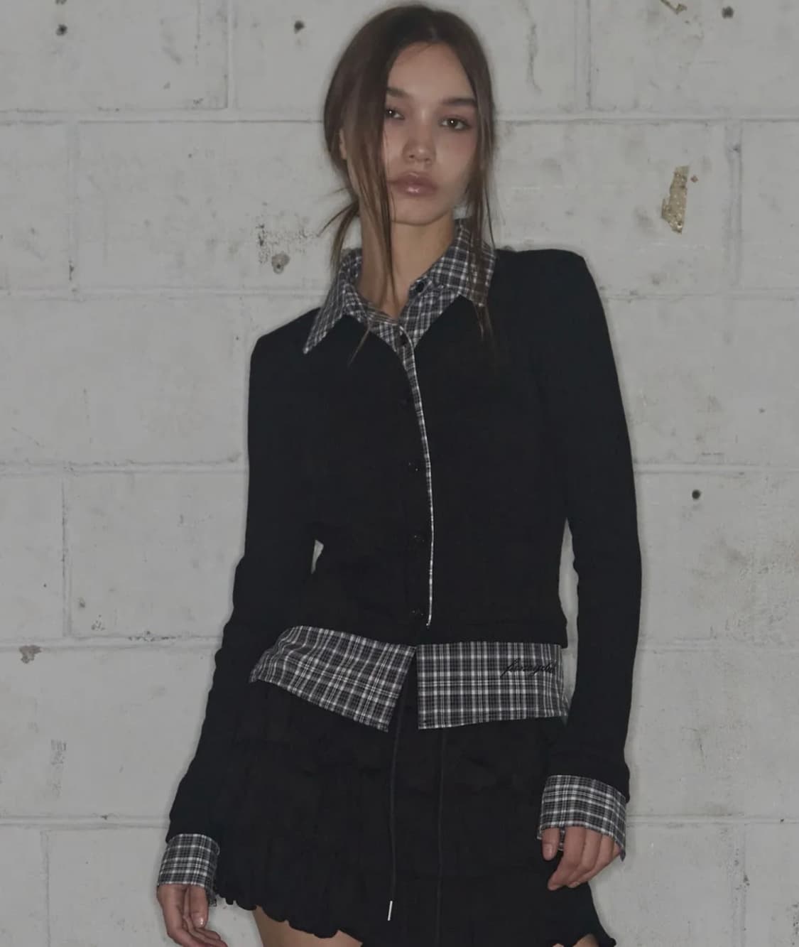 팬시클럽 체크 셔츠 레이어드 가디건 (BLACK) ONE 사이즈 상품이미지2