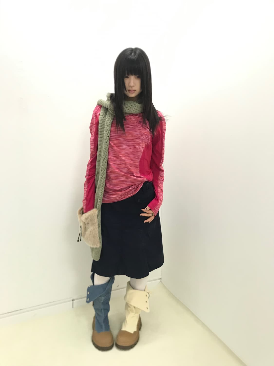 Olive knit hand-glove fur pocket muffler 상품이미지3