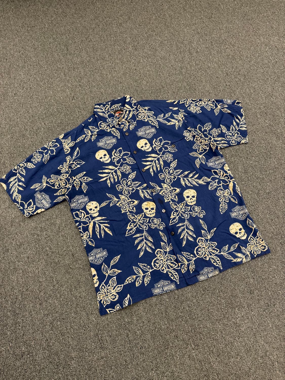 M)할리데이비슨 빈티지 스컬 프린팅 하와이안 반팔 셔츠 상품이미지1