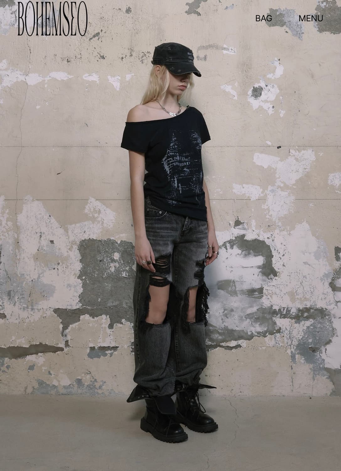 보헤미안서울 펑키 스쿱 넥 티 콘치 블랙 상품이미지3