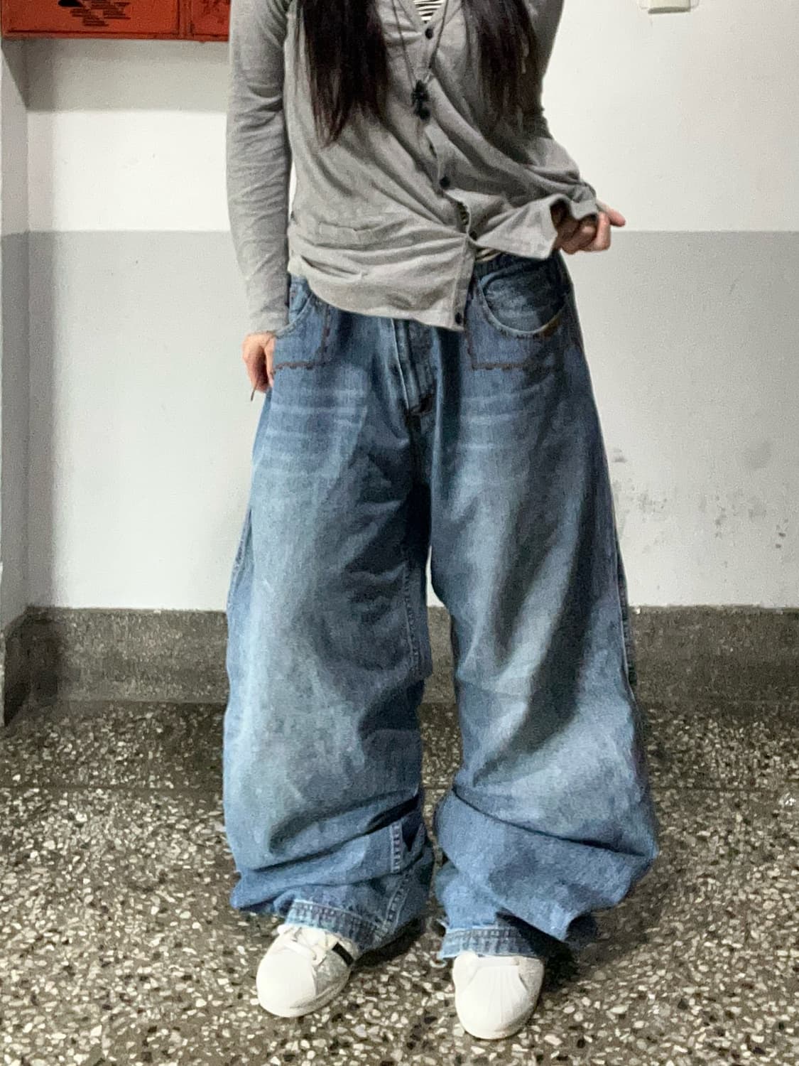 90s 빈티지 중청 데님 자수와이드 힙합팬츠 상품이미지2