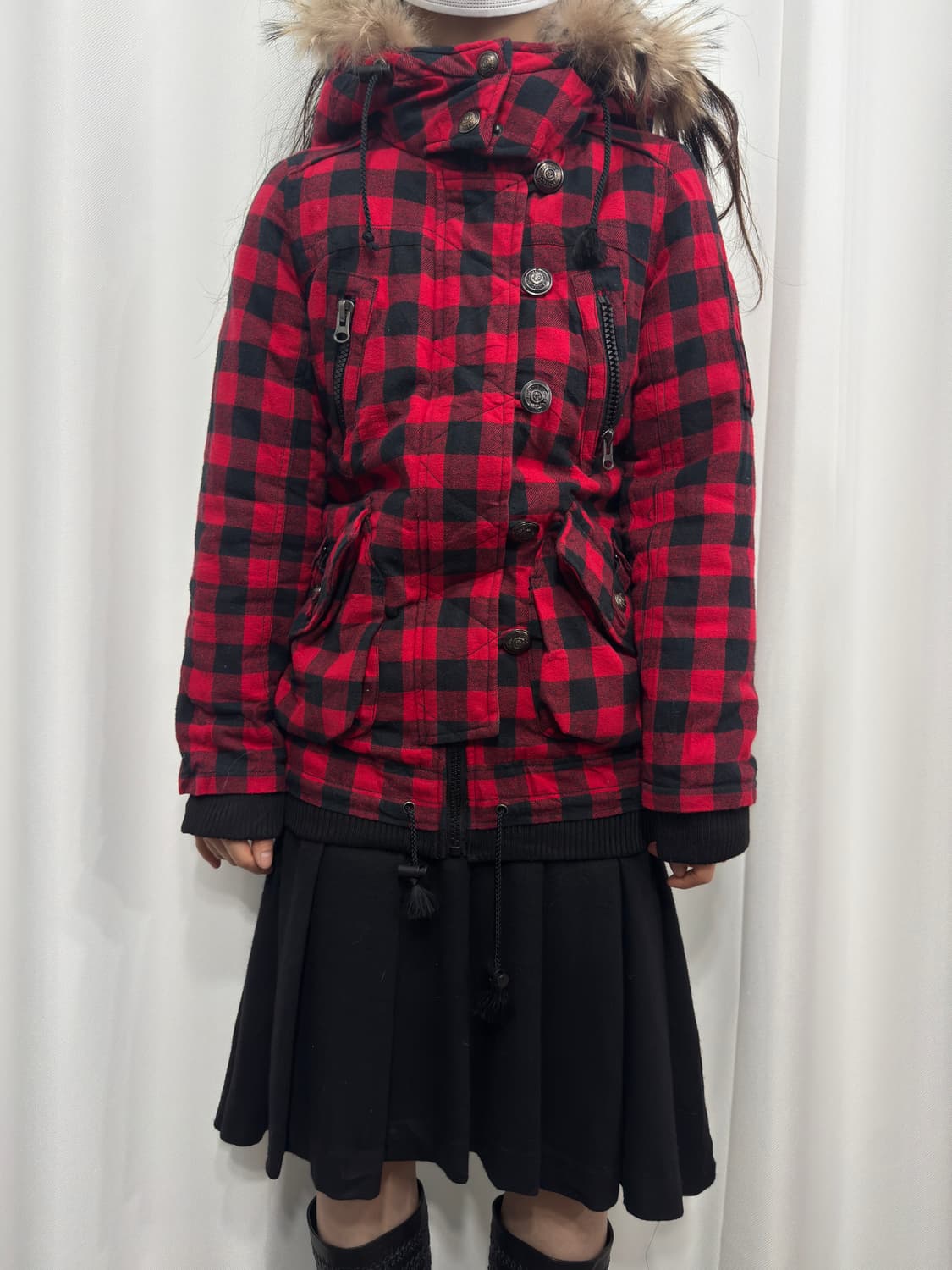 now here red check fur hood jacket 상품이미지1