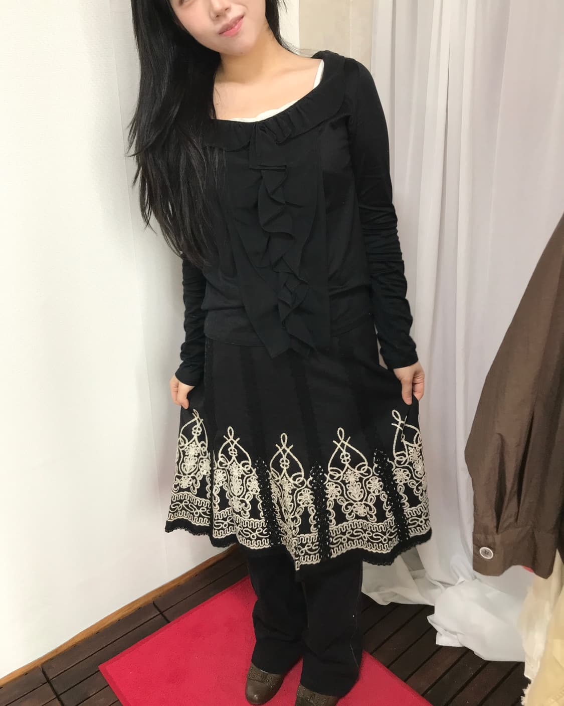 vintage black ruffle boat neck T sleeve 상품이미지5