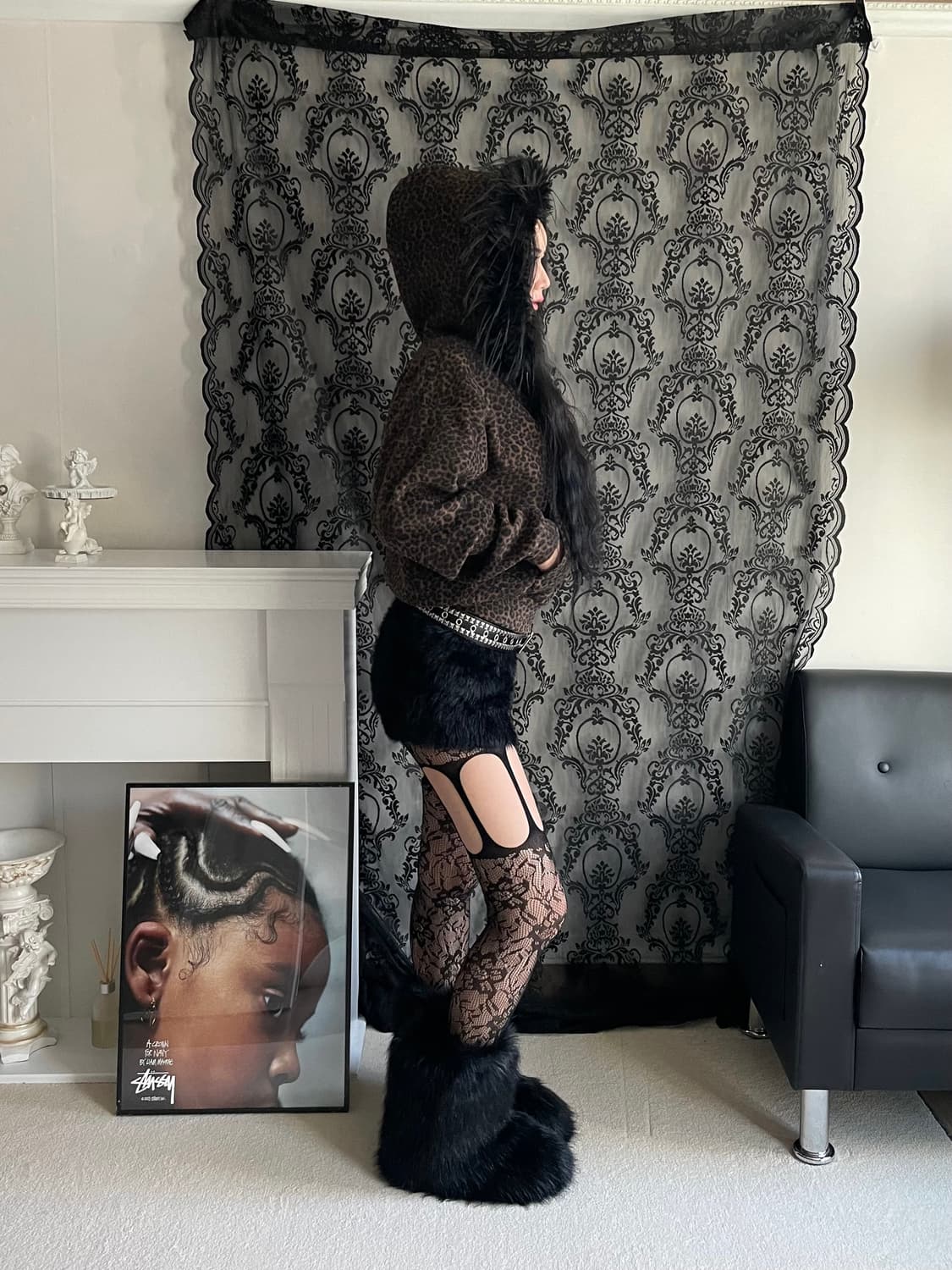 레오파드 호피 퍼 후드 후리스 기모 집업 상품이미지10