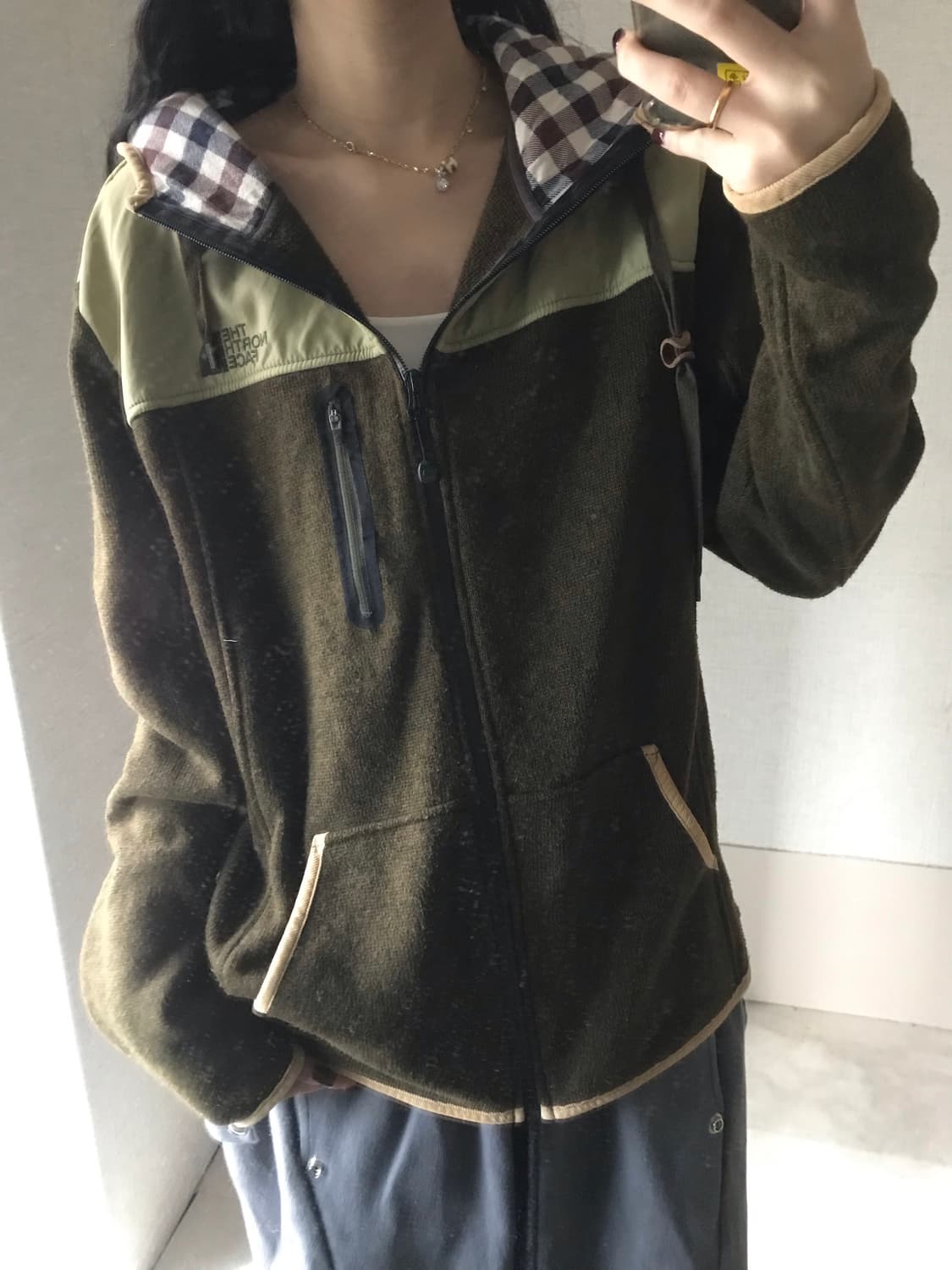 노페 카키브라운 체크후드 후리스 상품이미지2