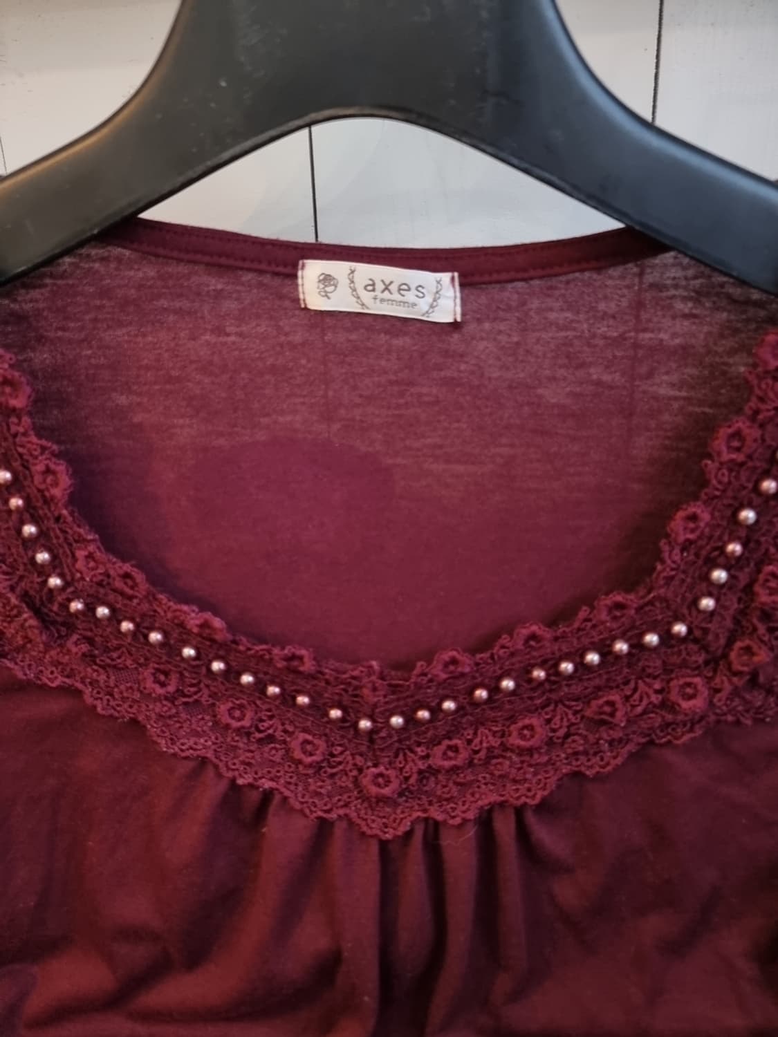 axes femme 진주 레이스 버건디 블라우스 상품이미지3