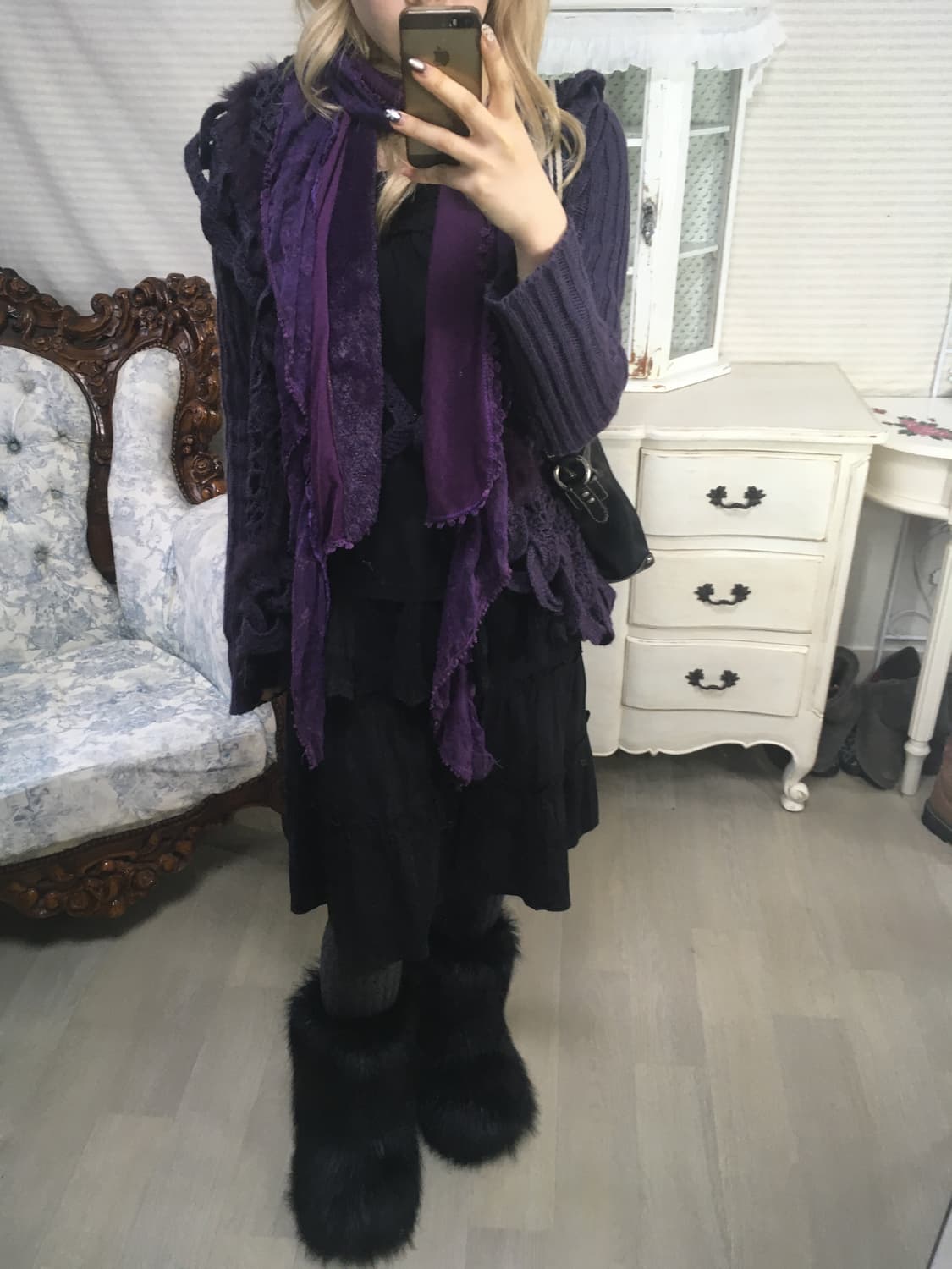 Set) purple crochet fur knit cd +muffler 상품이미지3