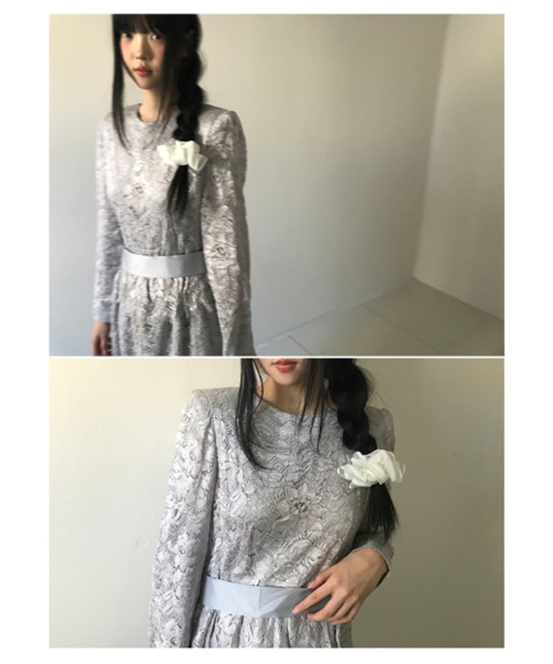 Lace embroidery silver belted dress 상품이미지1