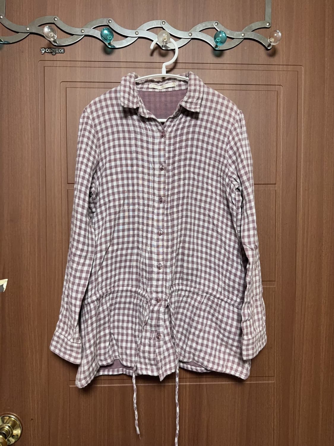 모리걸 하구미 빈티지 깅엄체크 허리 스트링 셔츠 블라우스 상품이미지1