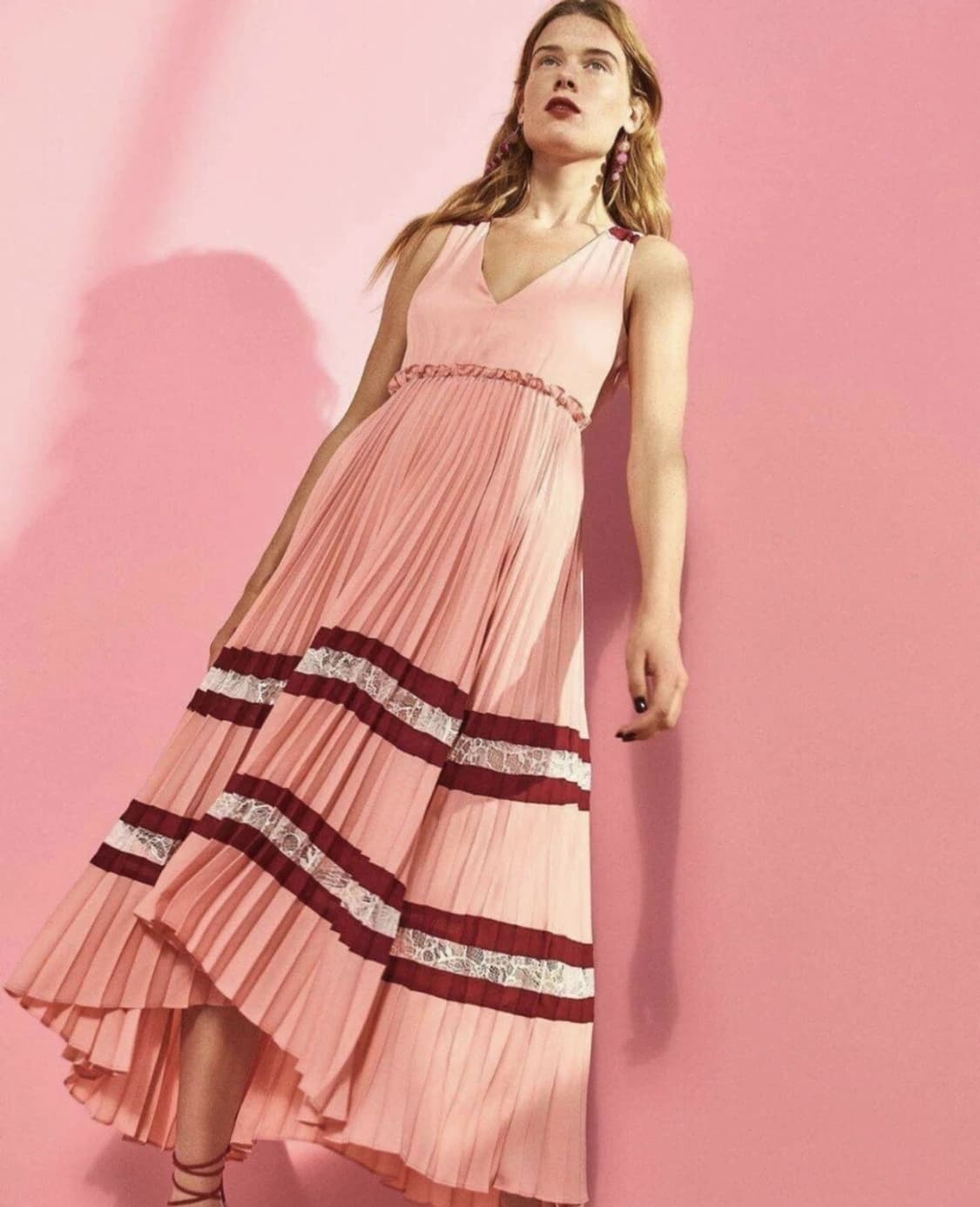 [새상품]MAJE 마쥬 로즈핑크 레이스 플리츠 롱 원피스 상품이미지1