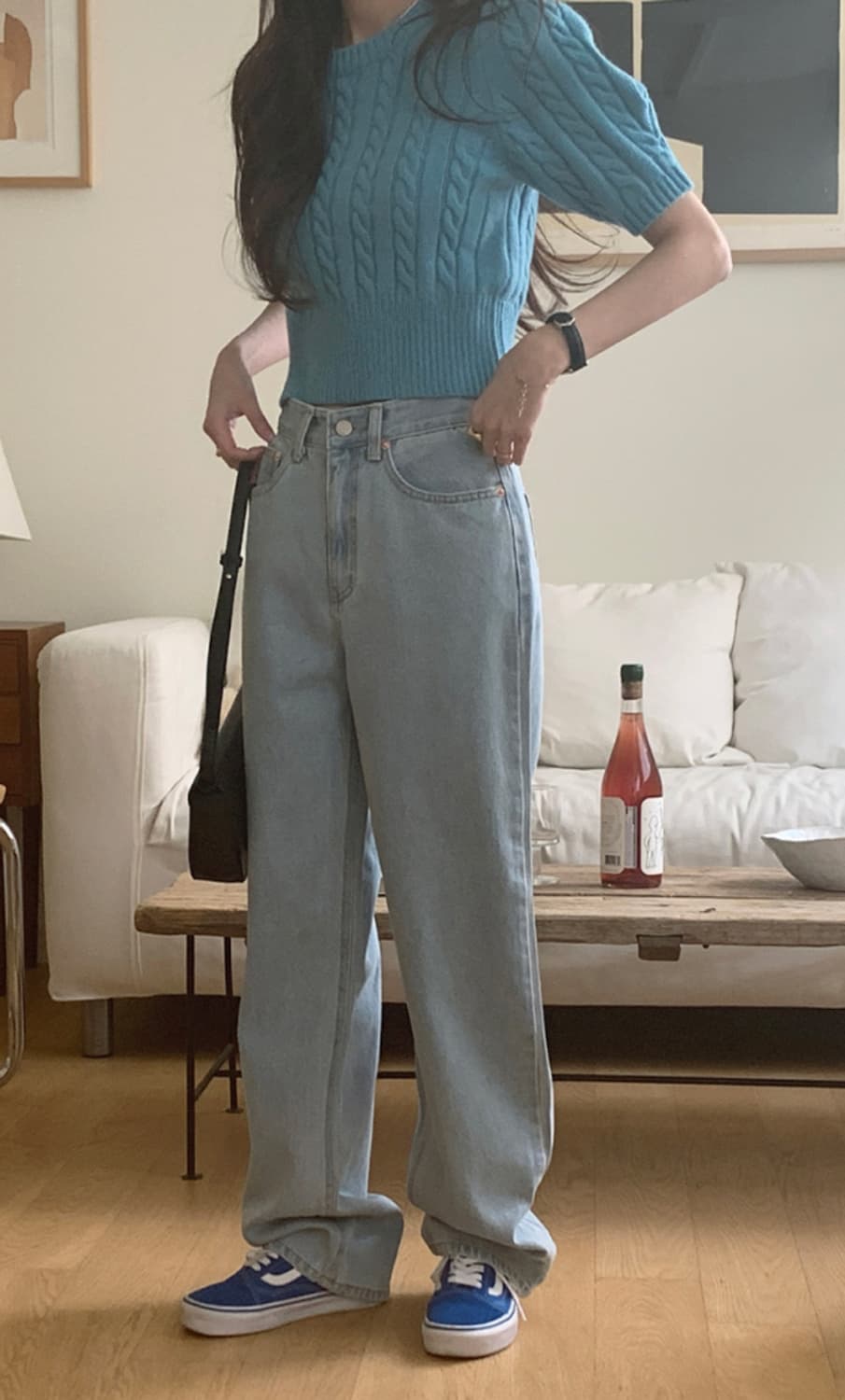 달트에서 구매한 소라색 꽈배기 반팔 니트 상품이미지2