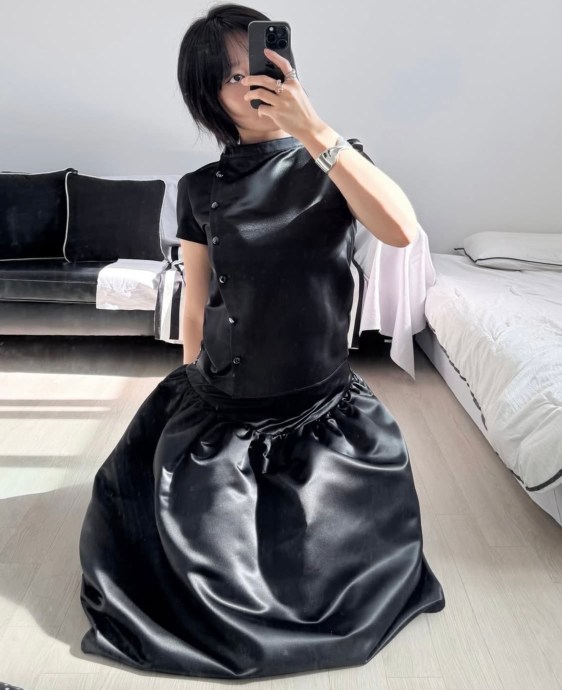 카나리 숏 슬리브 퍼프 셔츠 블랙 상품이미지2