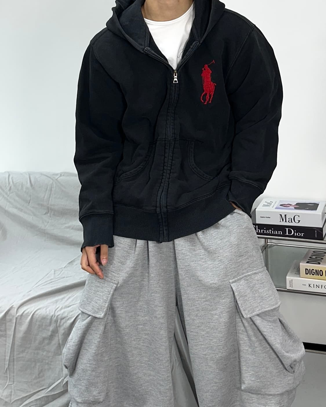 폴로 랄프로렌 레드 빅포니 블랙 후드집업 L 상품이미지3