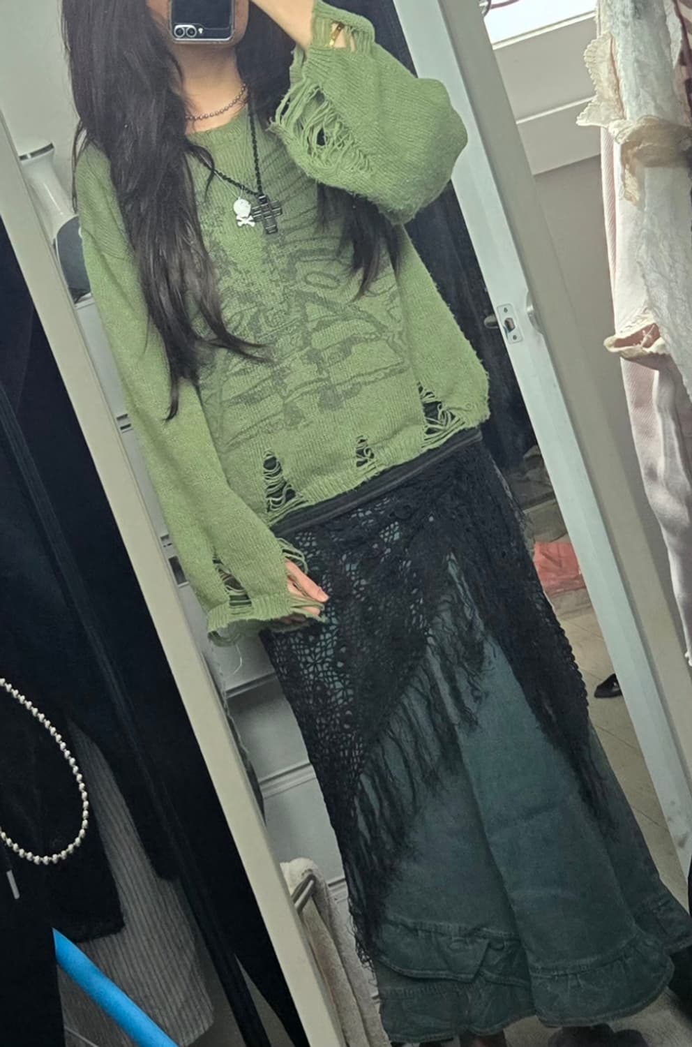 와투케 펑크 펑투케  데님스커트+ 해골 데미지니트 셋트 상품이미지1