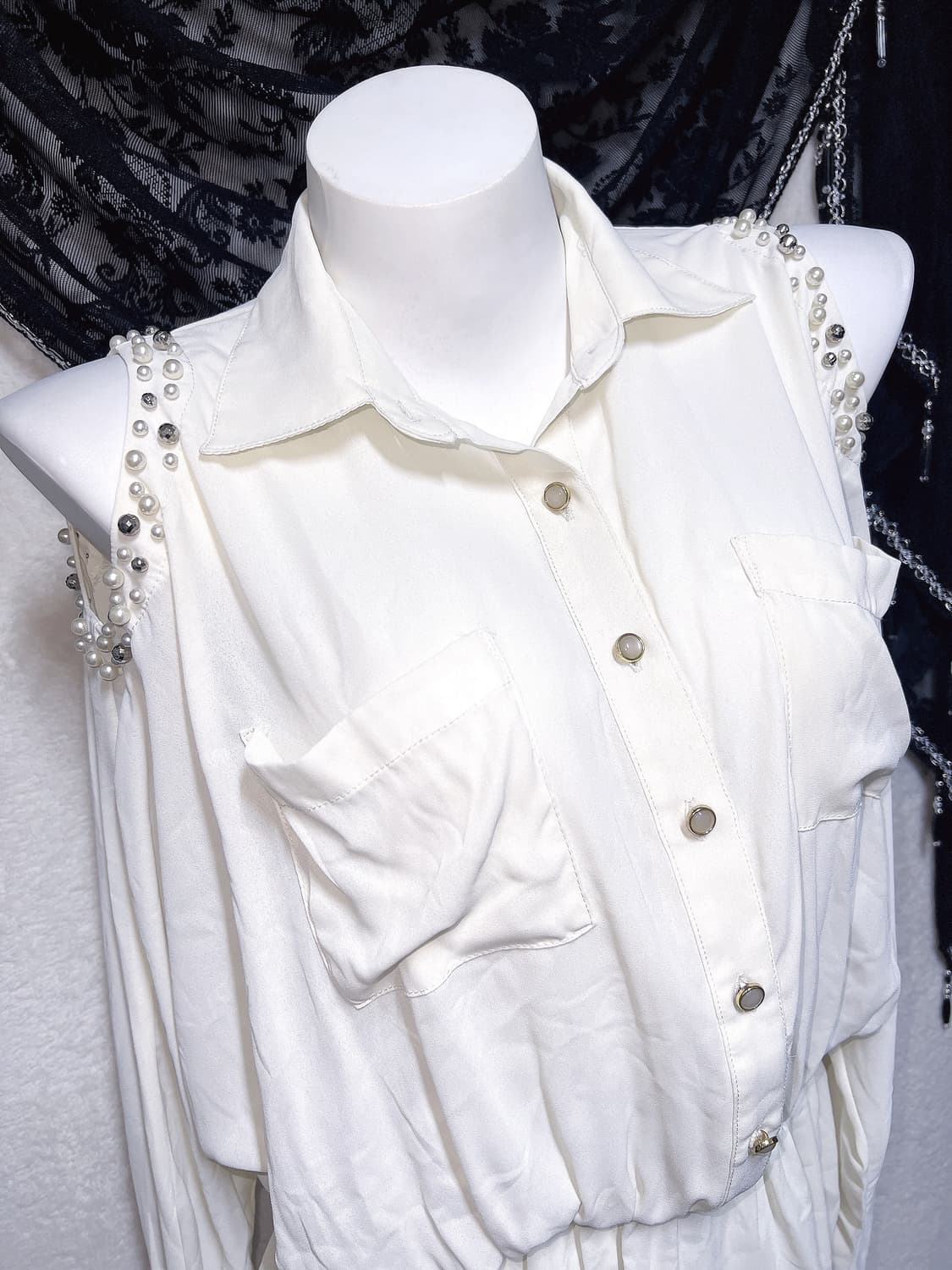 잉그니 진주 숄더트임 쉬폰블라우스 셔츠 튜닉 로맨틱갸루 히메 로걀탑 핀터 상품이미지5