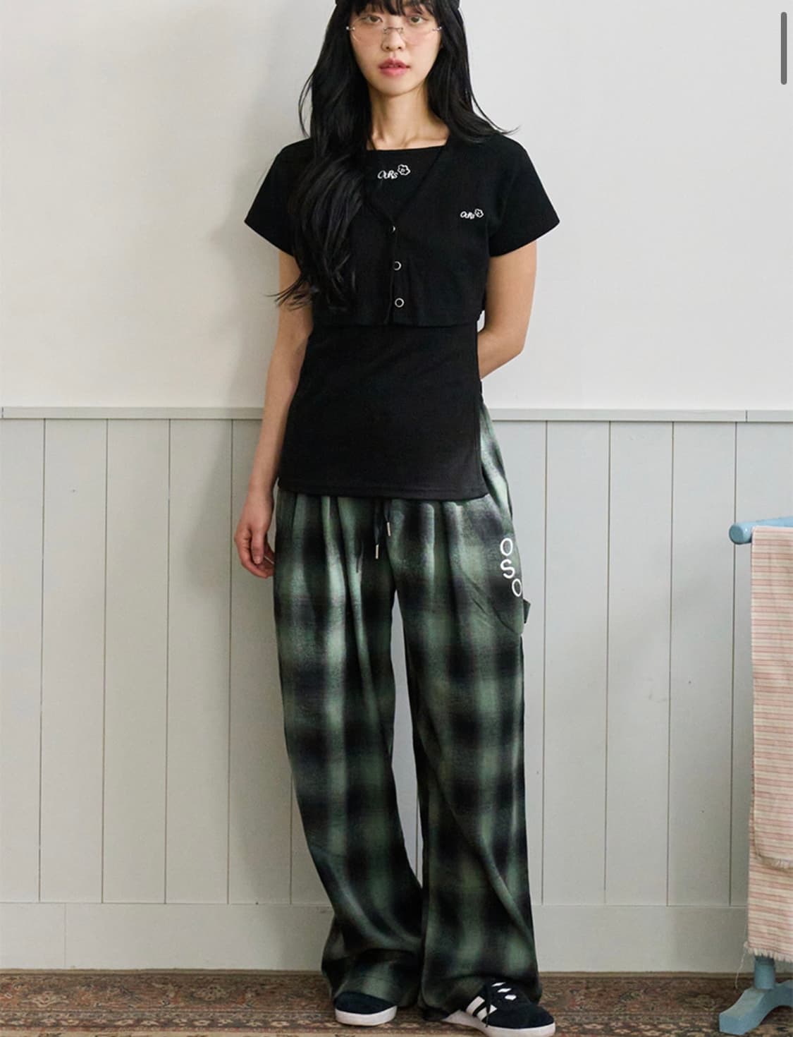 아워세이아워 체크 플라워 와이드팬츠 상품이미지1