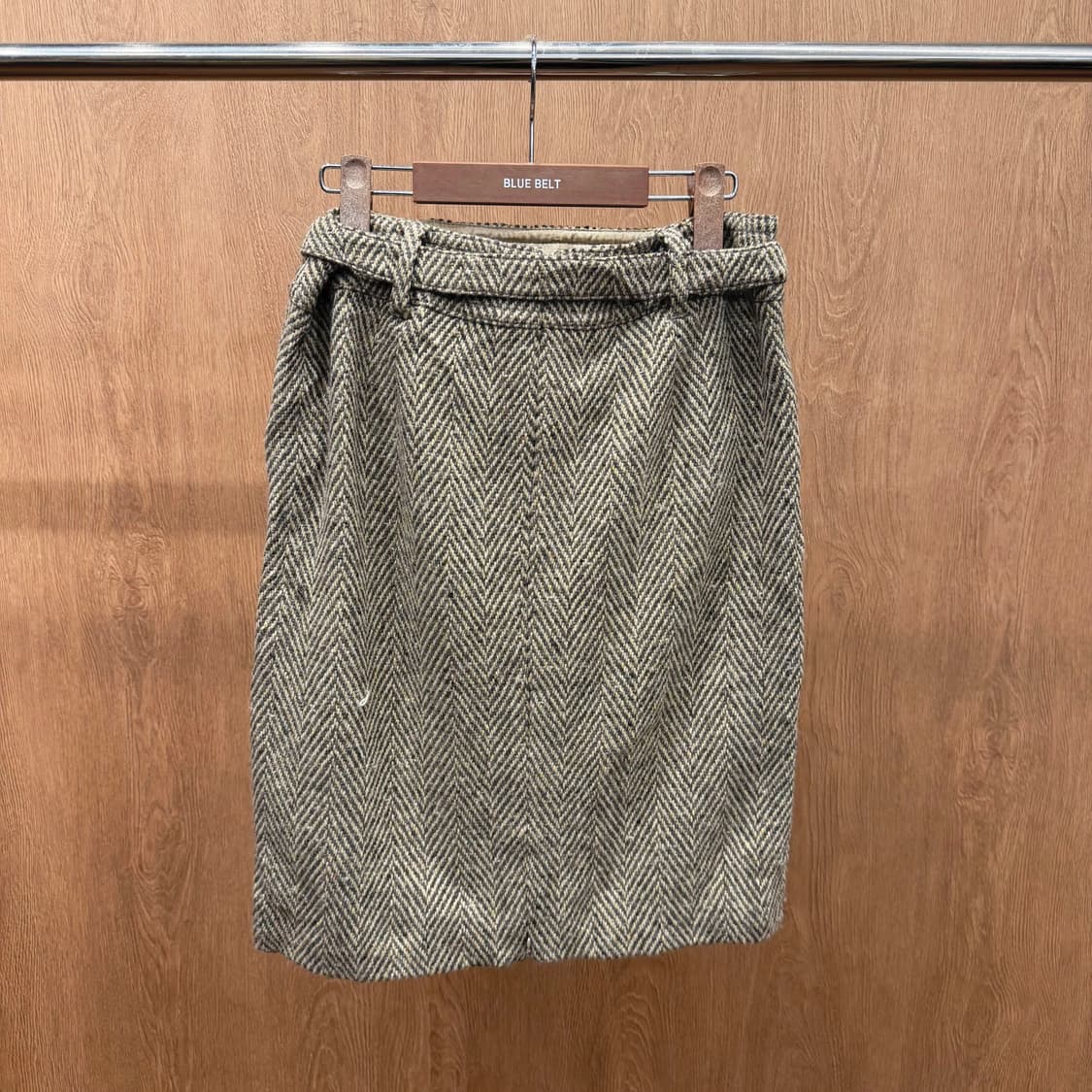 S 막스마라 H라인 미디 울 스커트 헤링본 패턴 메탈 버클 디테일 브라운 상품이미지3