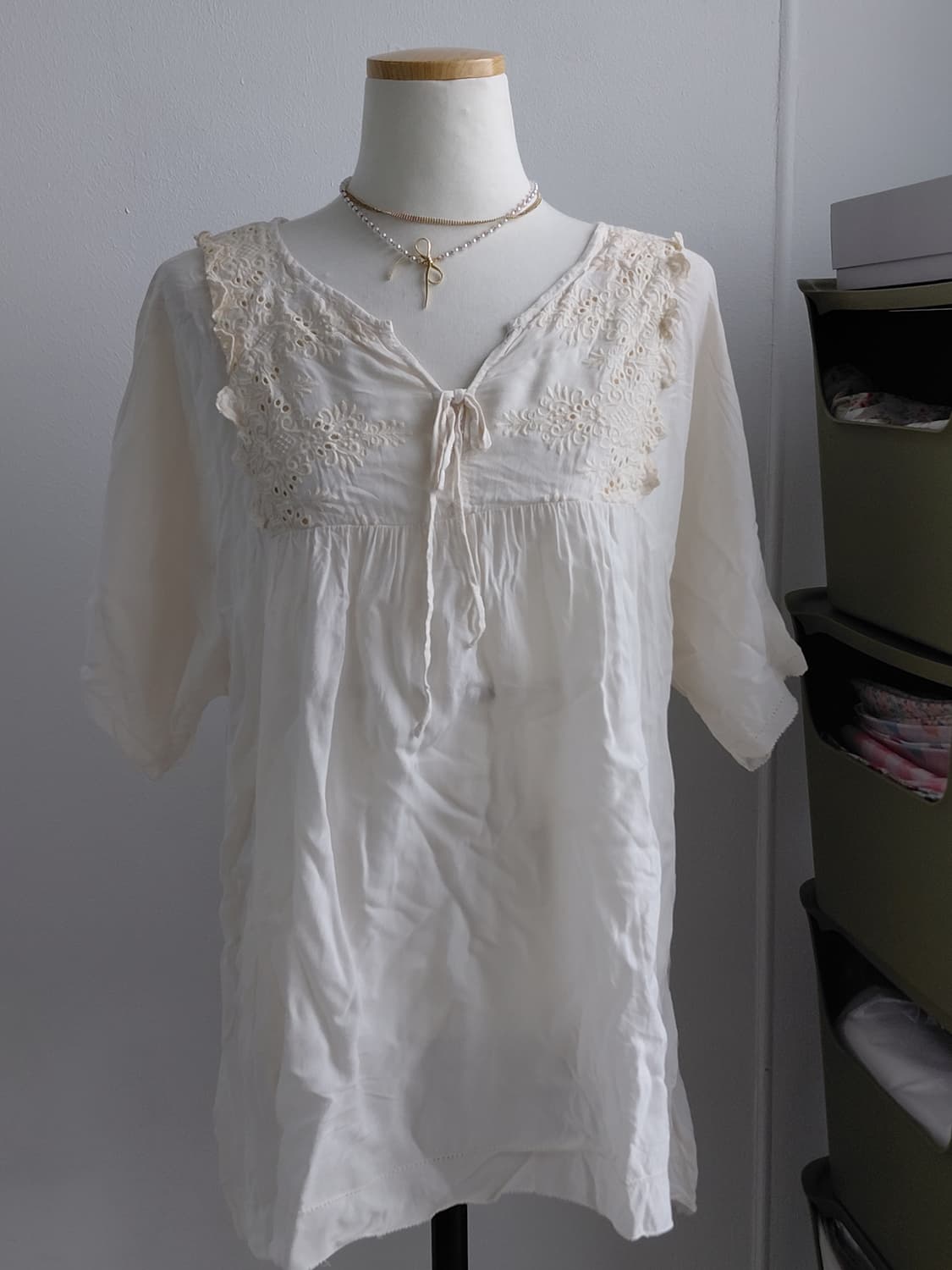 [일본빈티지] 아이보리색 레이스 반팔 블라우스 상품이미지1