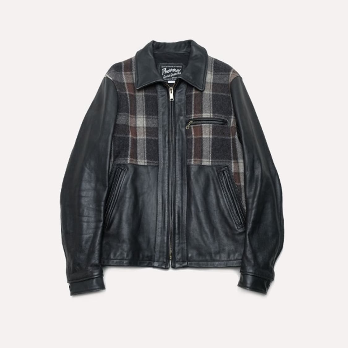 40s wool plaid combi cowhide jacket 상품이미지1