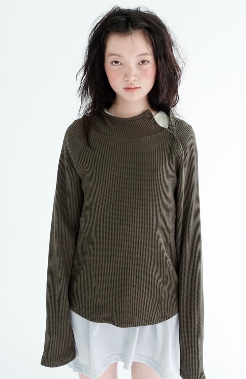 택포) 샵페어리 사이드 버튼 와플 후디 크림 상품이미지1