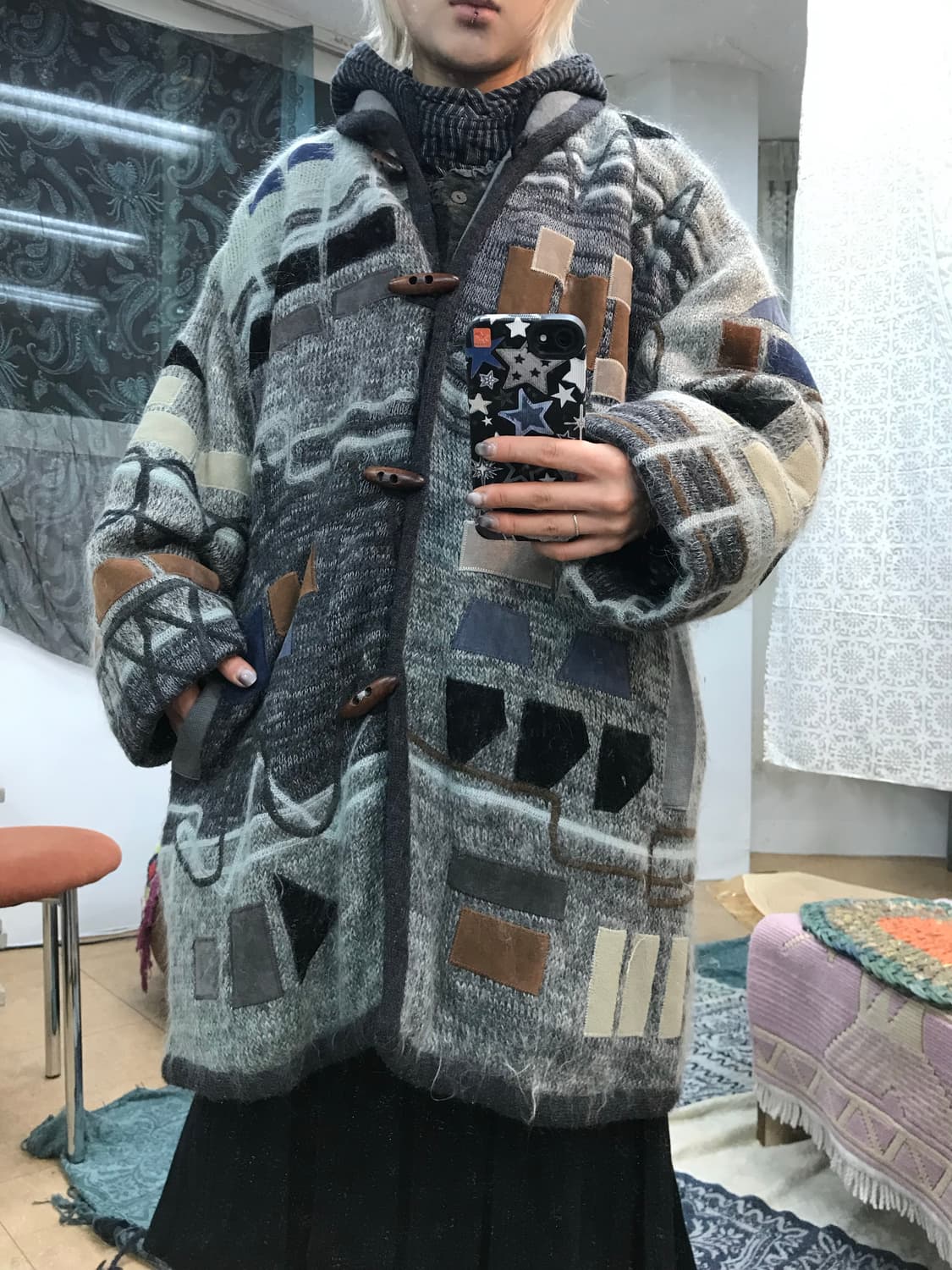 빈티지 여성 패치워크 떡볶이단추 울 니트 롱 가디건 상품이미지1