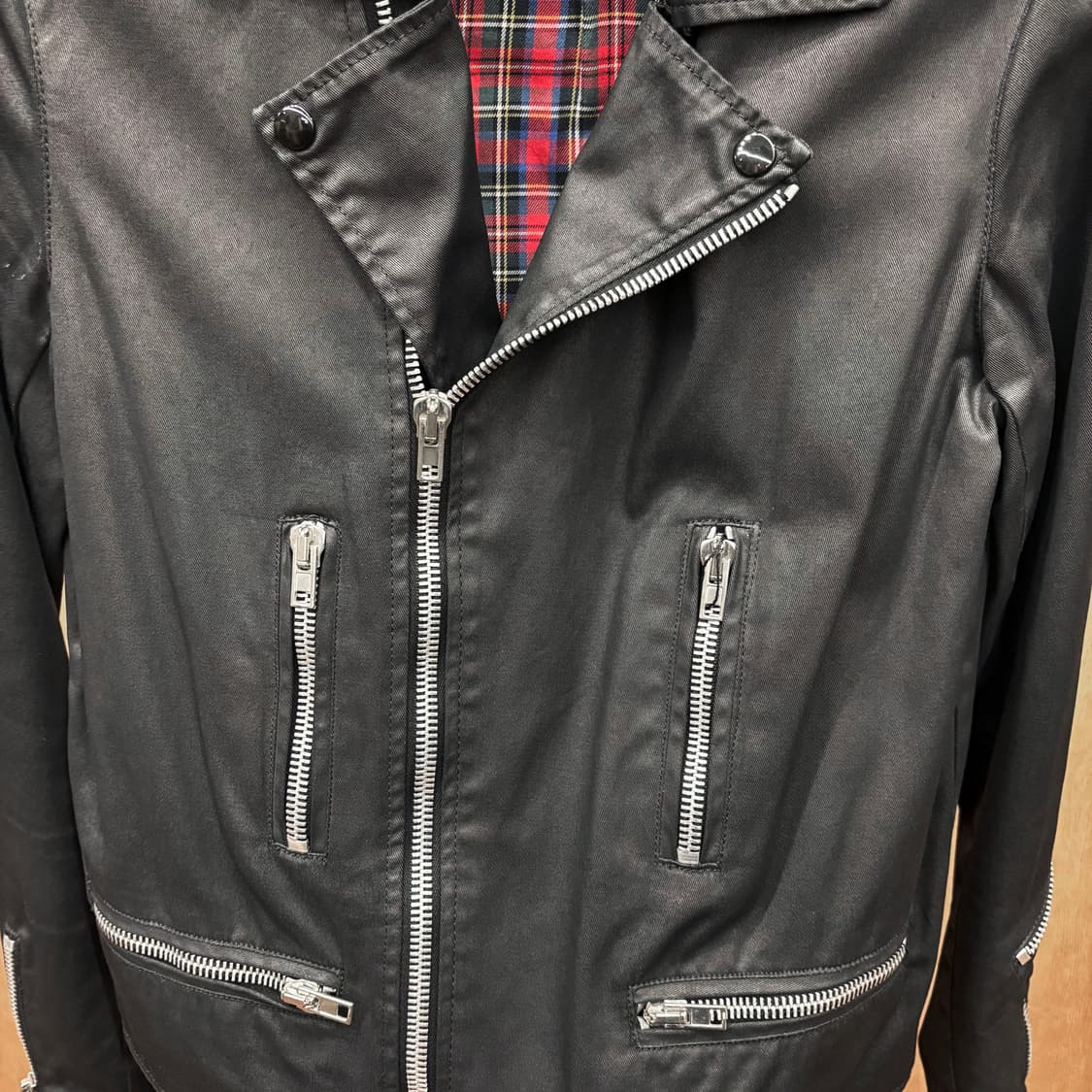 빈티지 코튼 라이더 자켓 숄더 견장 메탈 지퍼 체크 안감 디테일 블랙 상품이미지6
