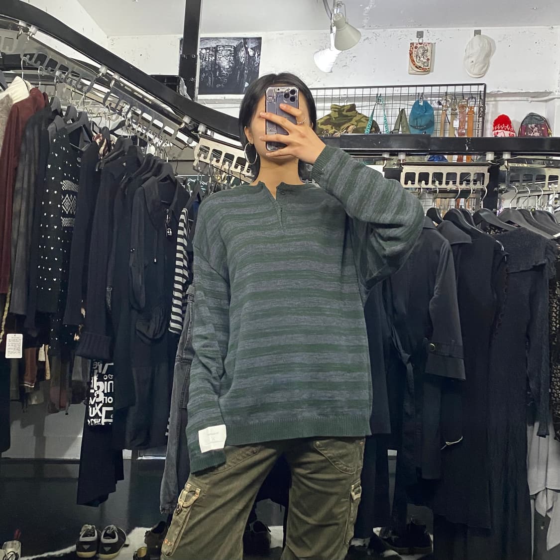 Japanese vtg 그린 스트라이프 헨리넥 니트 상품이미지1