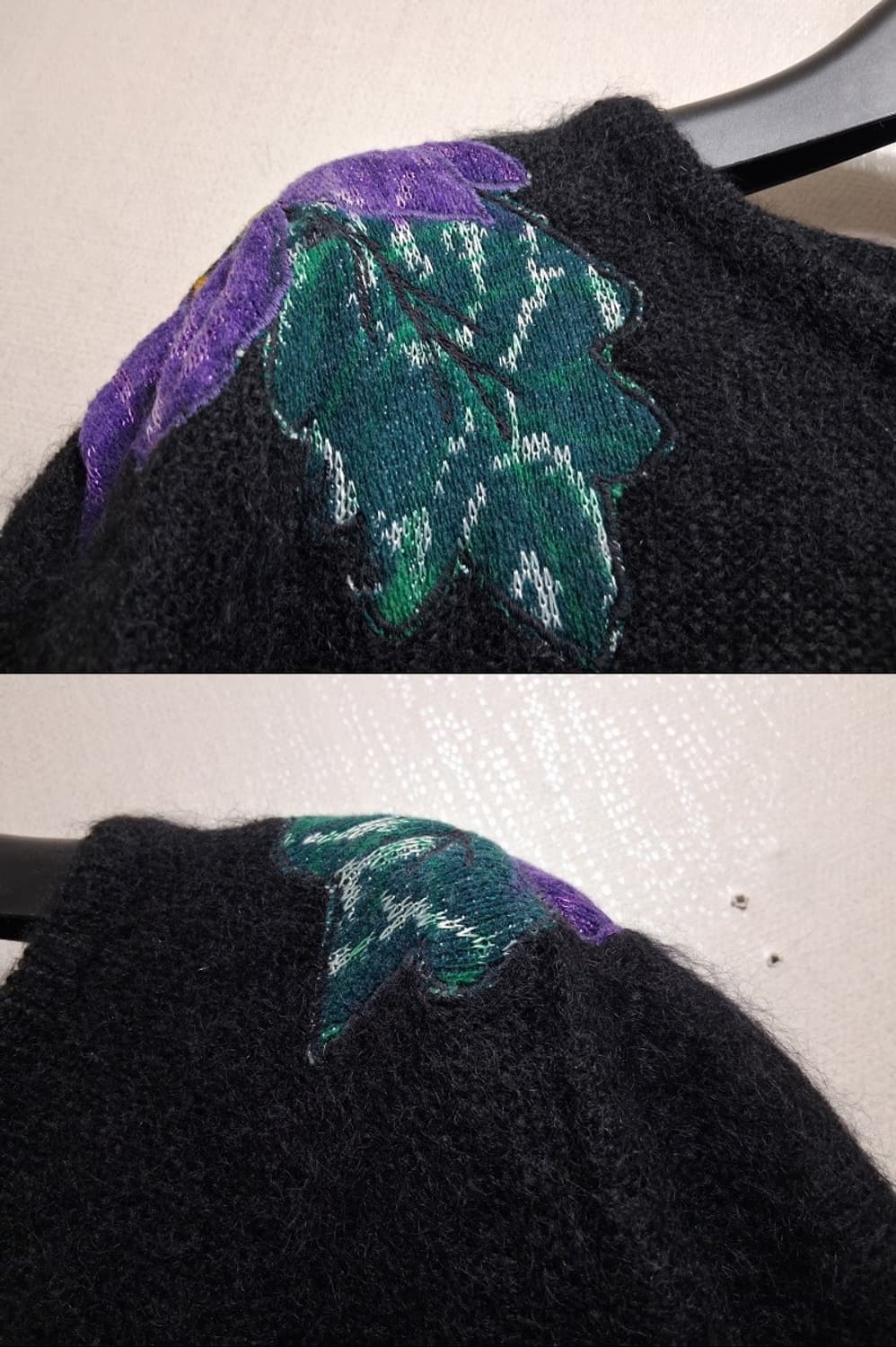 일본구제 빅플라워 자수배색 레트로핏 검정모헤야 니트 가오리핏 여성 통66 상품이미지4