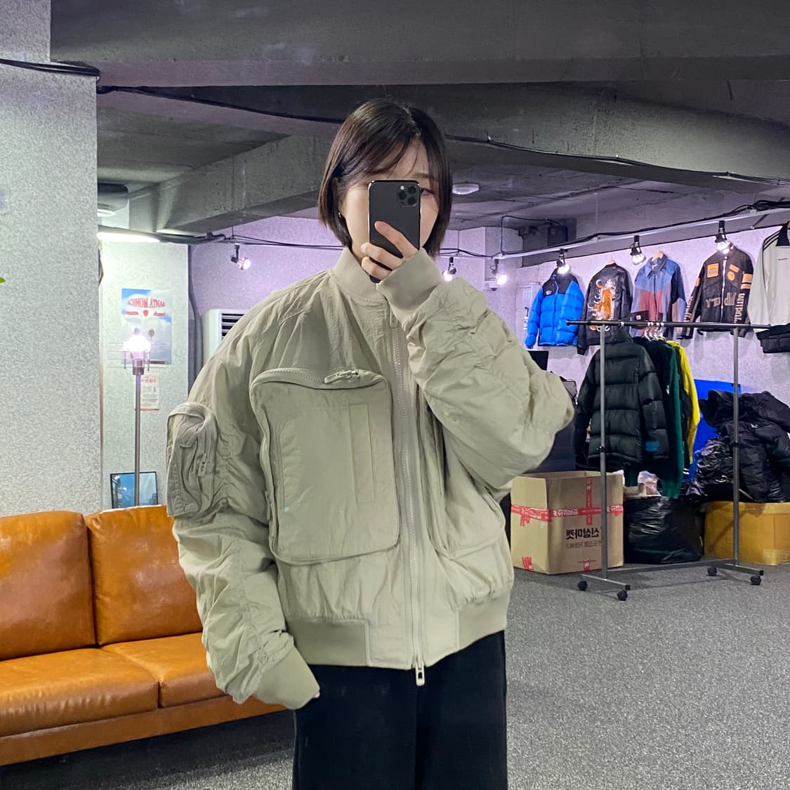 메종미네드 아웃 포켓 아이보리 누빔 봄버 자켓 B4031 상품이미지1