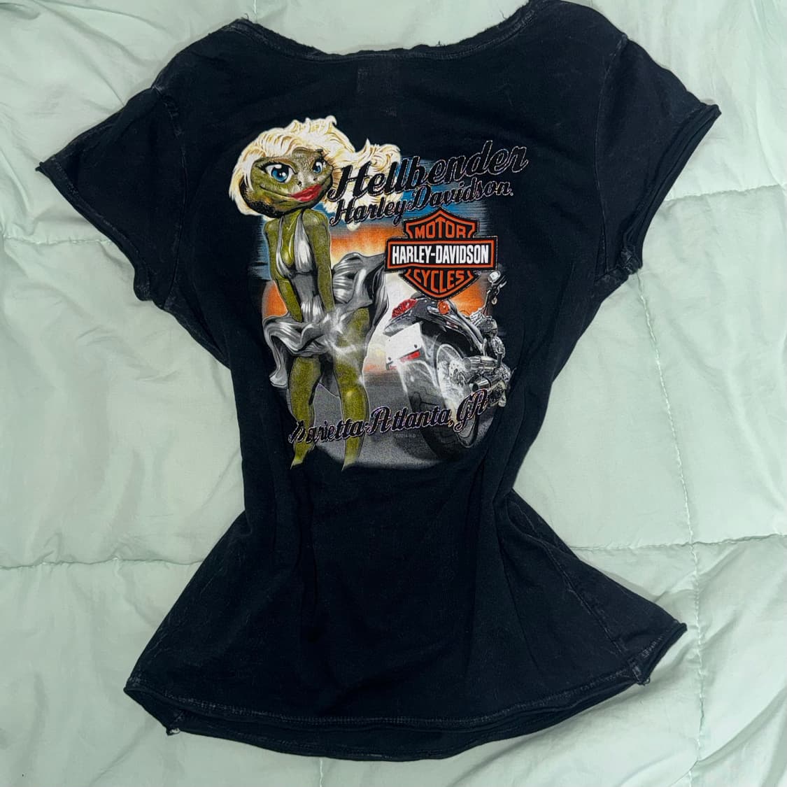 할리데이비슨 원숄더 딥 브이넥 y2k 반팔 티셔츠 상품이미지2