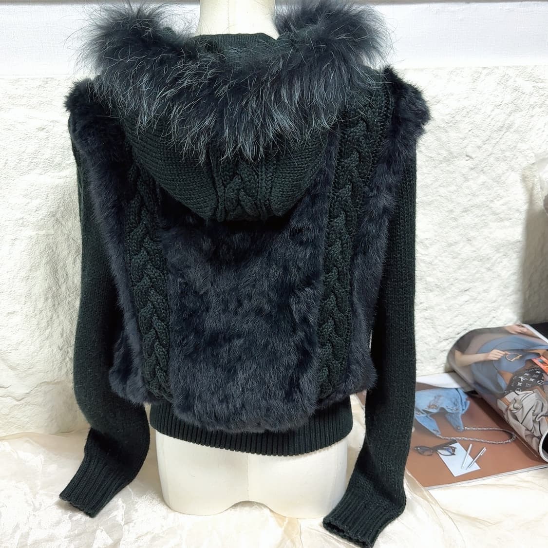빈티지 어두운 녹색 꽈배기 폭스퍼 후드집업  토끼털 니트자켓 상품이미지4