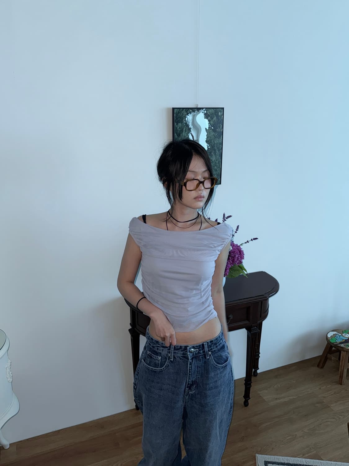 리버시블 셔링 오프숄더 티셔츠 블라우스 라이트블루 상품이미지6